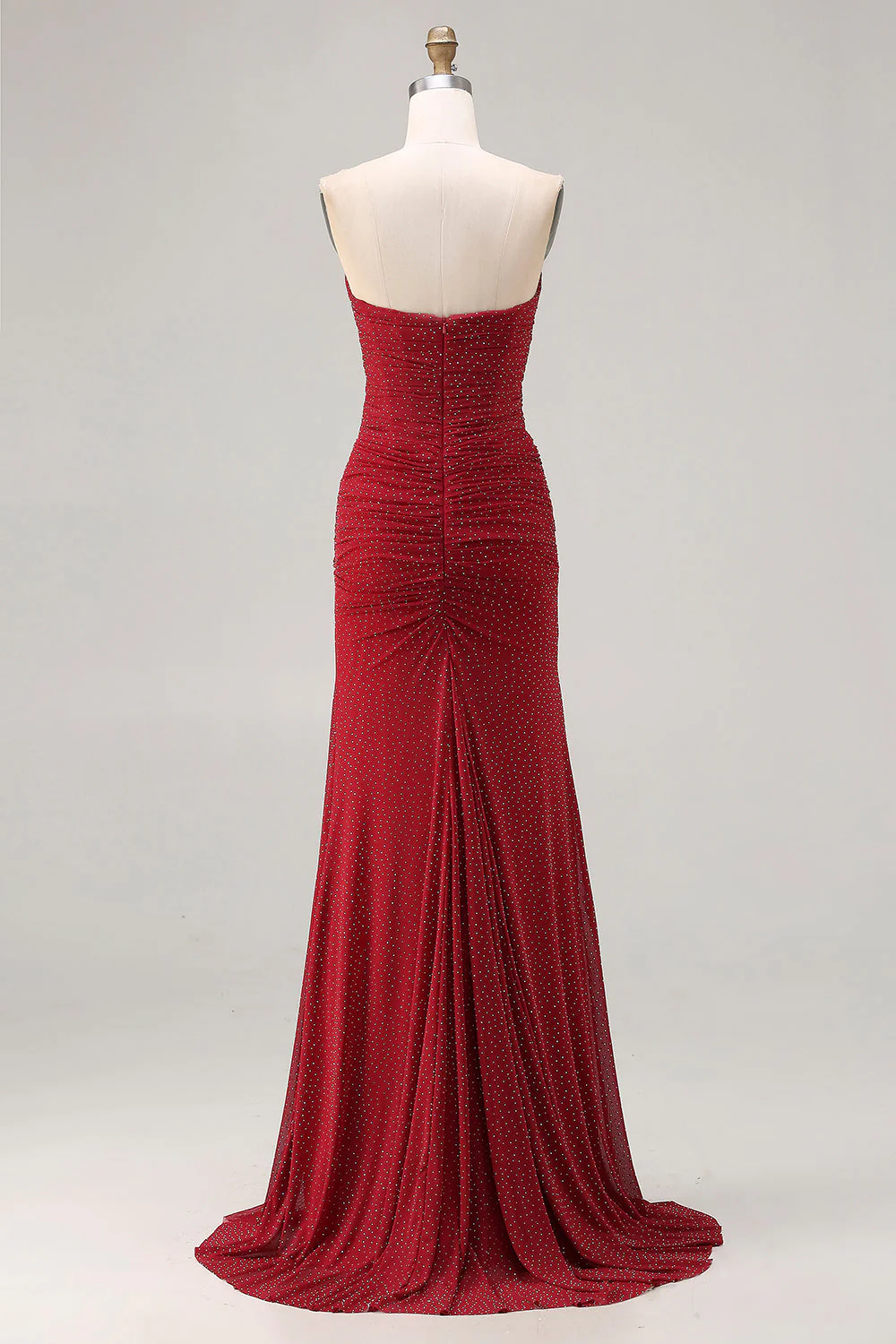 Strapless Red Mermaid Beaded Satin Long Prom Dress - Image 2