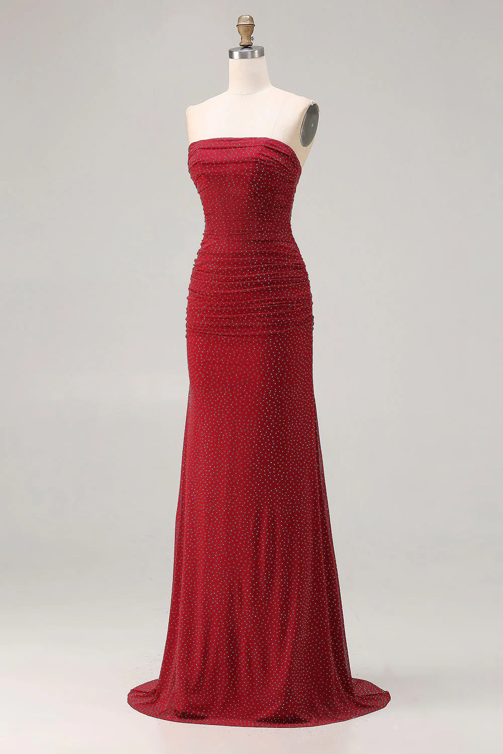 Strapless Red Mermaid Beaded Satin Long Prom Dress - Image 3