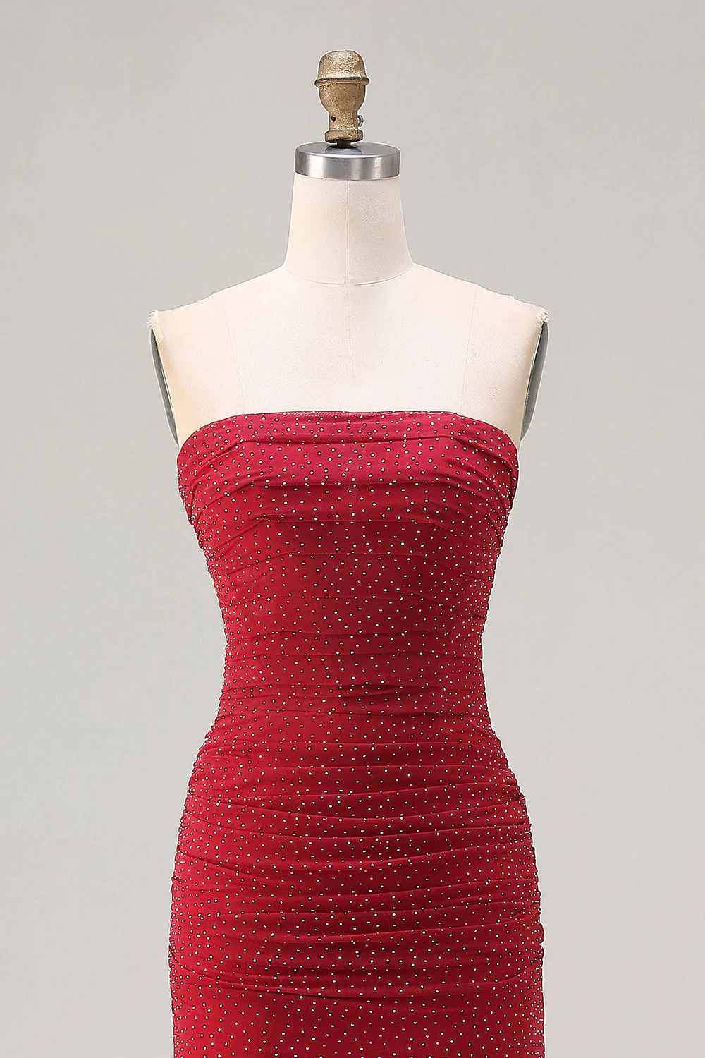 Strapless Red Mermaid Beaded Satin Long Prom Dress - Image 4