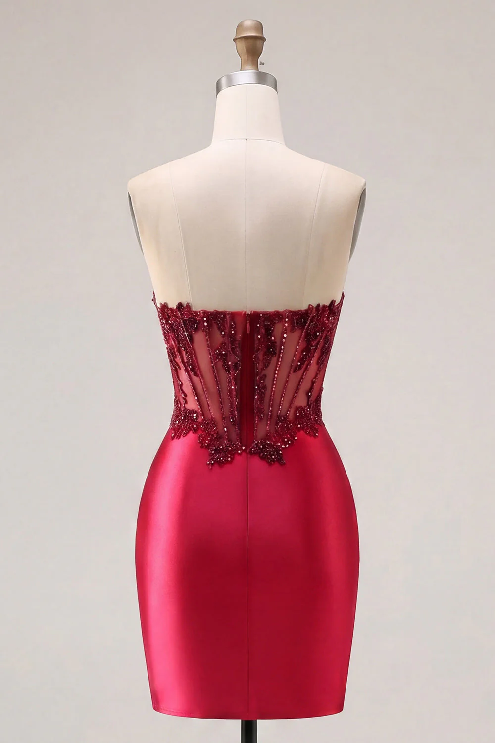 Strapless Burgundy Sheer Corset Bodycon Cocktail Dress with Slit - Image 2