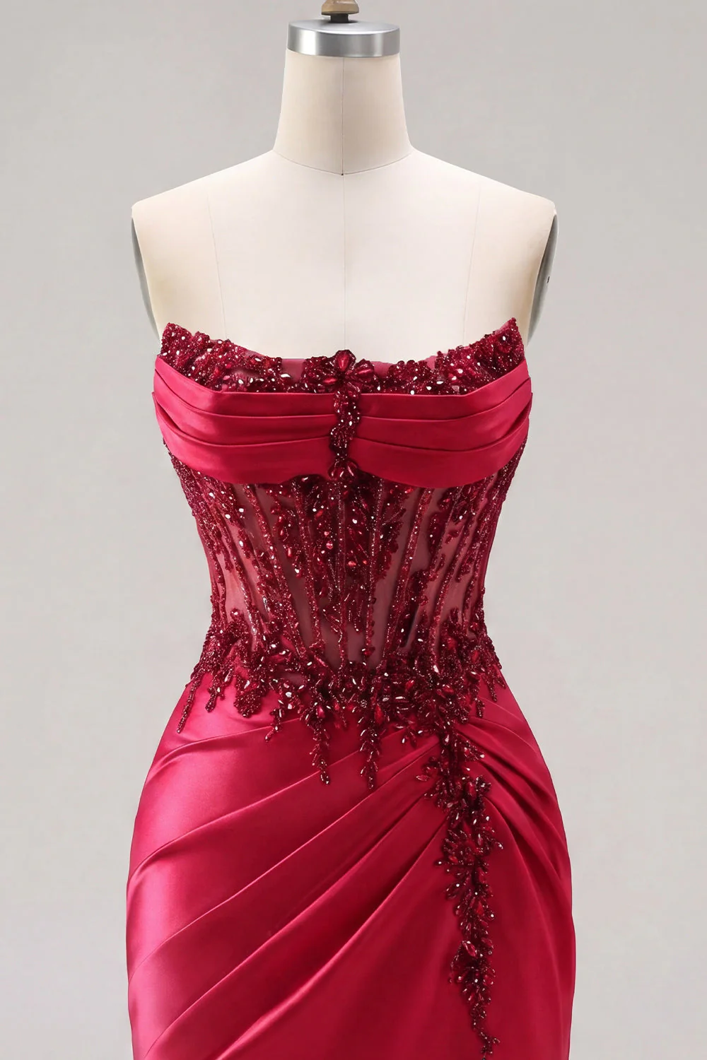 Strapless Burgundy Sheer Corset Bodycon Cocktail Dress with Slit - Image 5