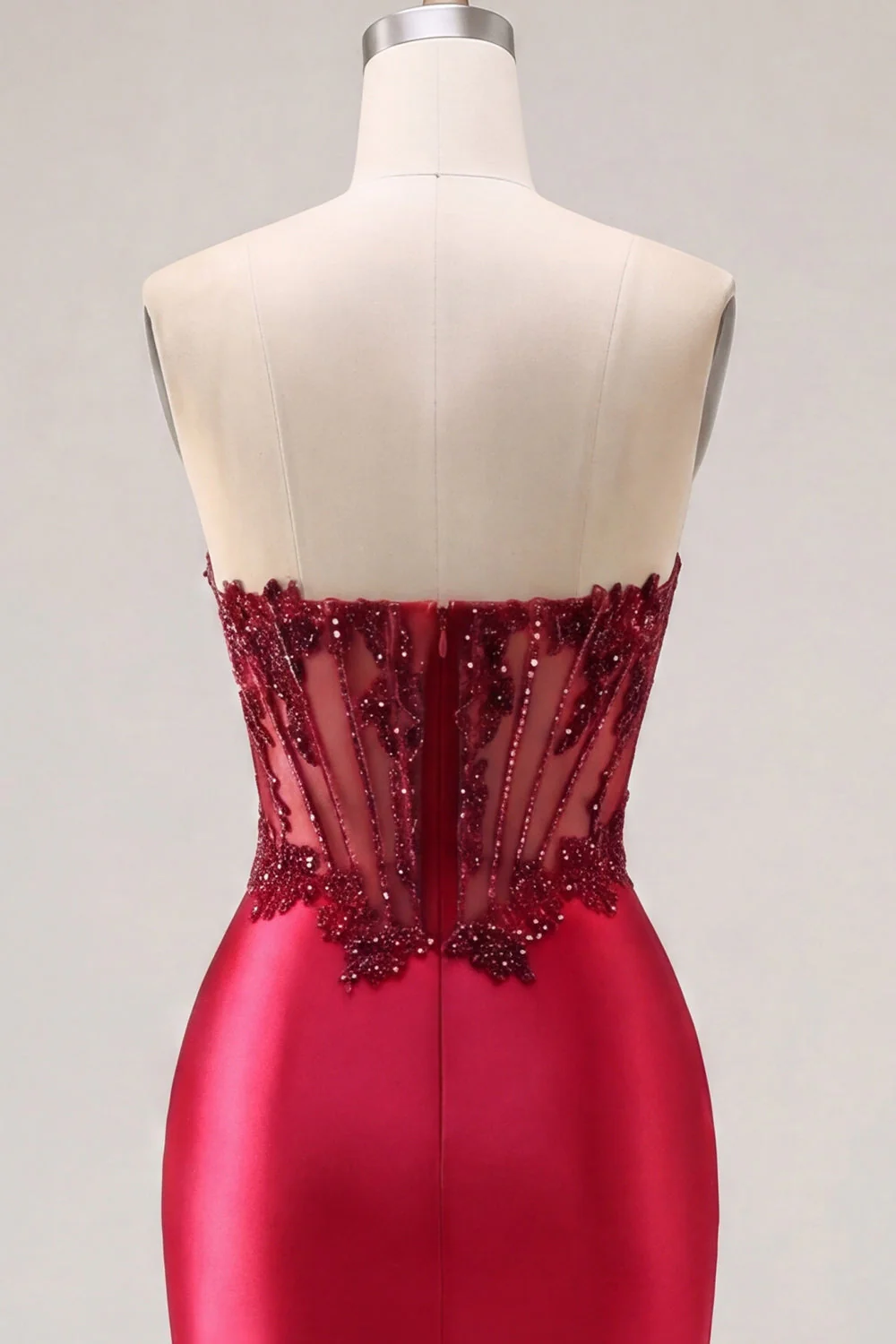 Strapless Burgundy Sheer Corset Bodycon Cocktail Dress with Slit - Image 6