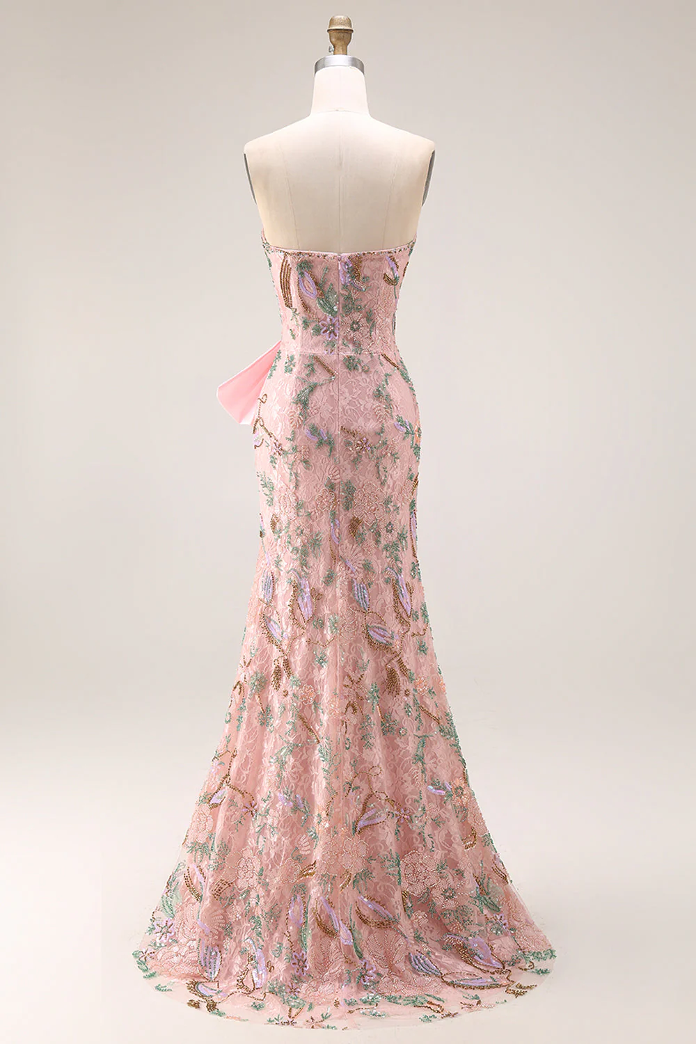 Strapless Sequin Beaded Floral Long Prom Dress with Bow on Hip and a Skirt Slit - Image 2
