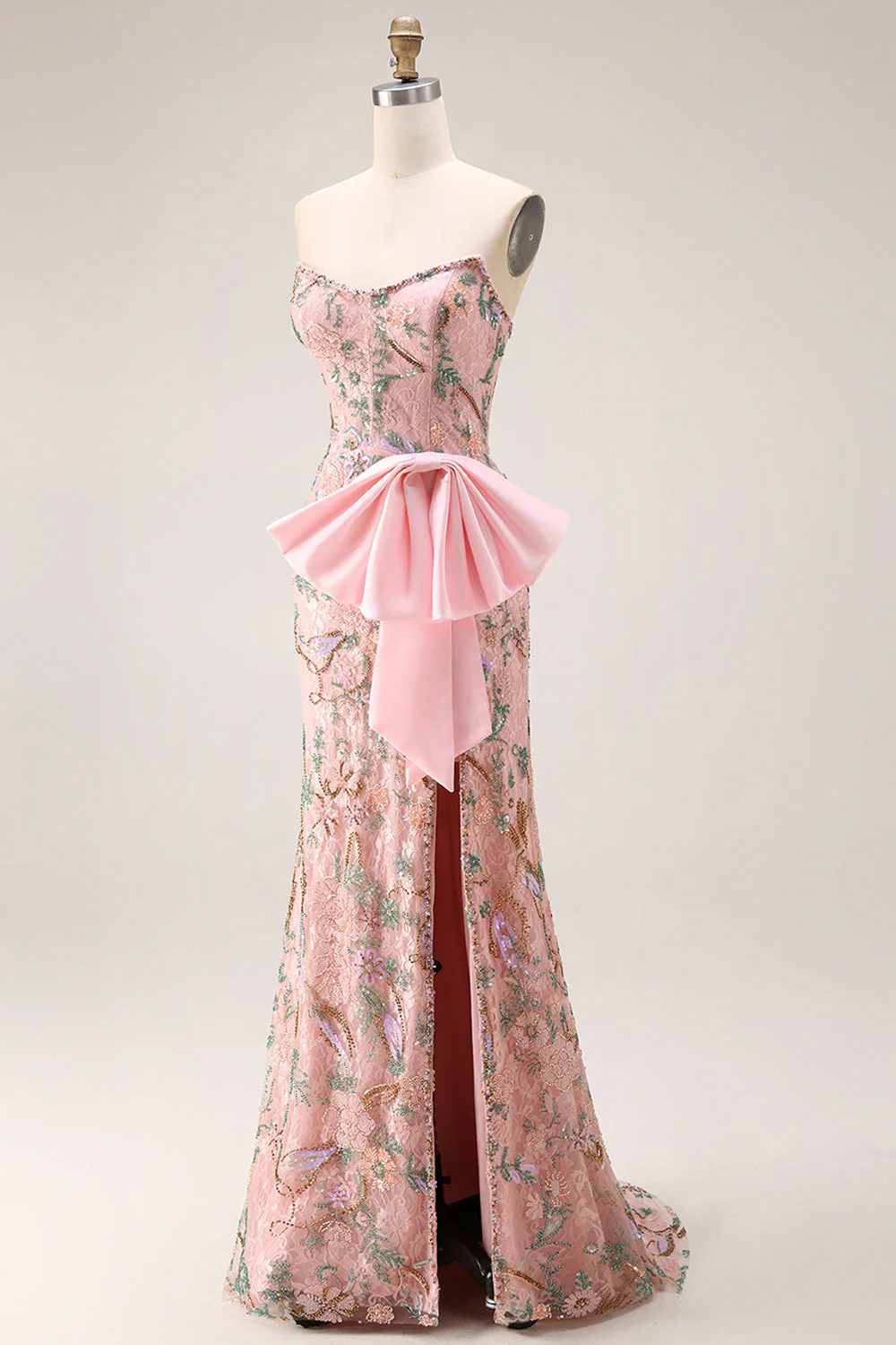 Strapless Sequin Beaded Floral Long Prom Dress with Bow on Hip and a Skirt Slit - Image 5