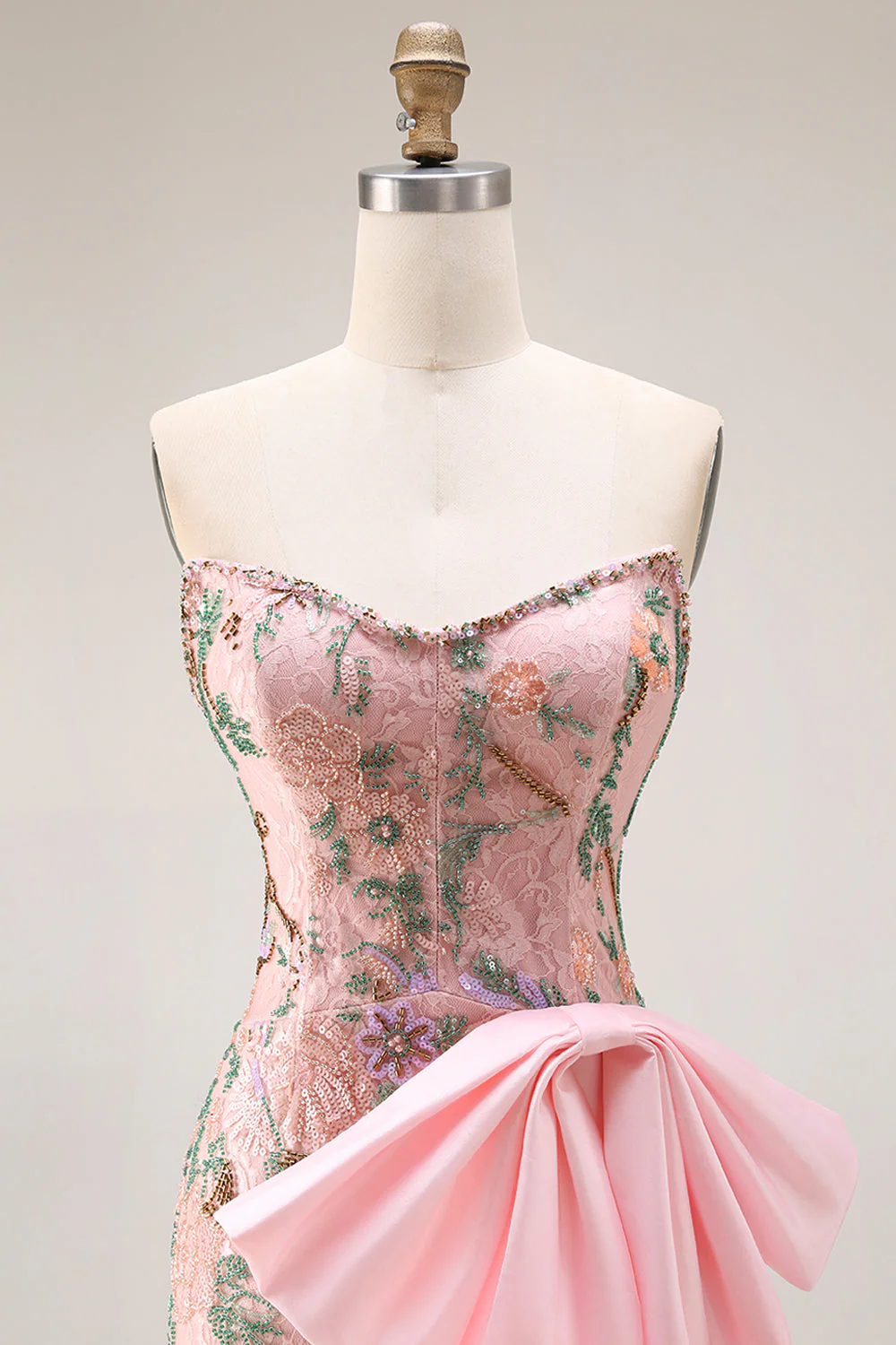 Strapless Sequin Beaded Floral Long Prom Dress with Bow on Hip and a Skirt Slit - Image 6