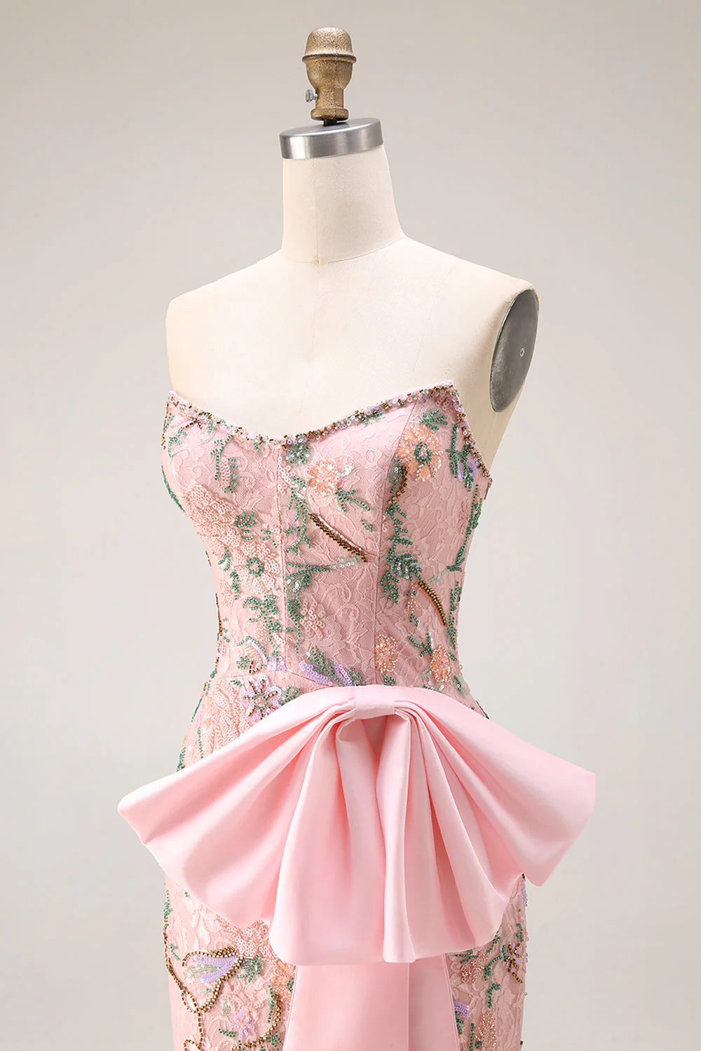 Strapless Sequin Beaded Floral Long Prom Dress with Bow on Hip and a Skirt Slit - Image 7