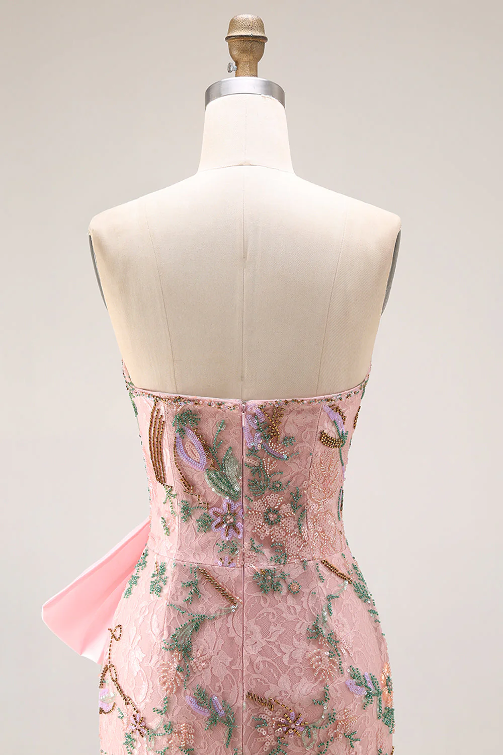 Strapless Sequin Beaded Floral Long Prom Dress with Bow on Hip and a Skirt Slit - Image 8