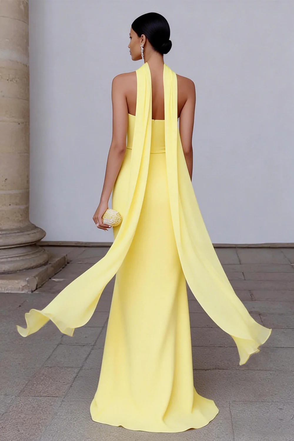 Strapless Sheath Yellow Formal Dress with Streamer - Image 2