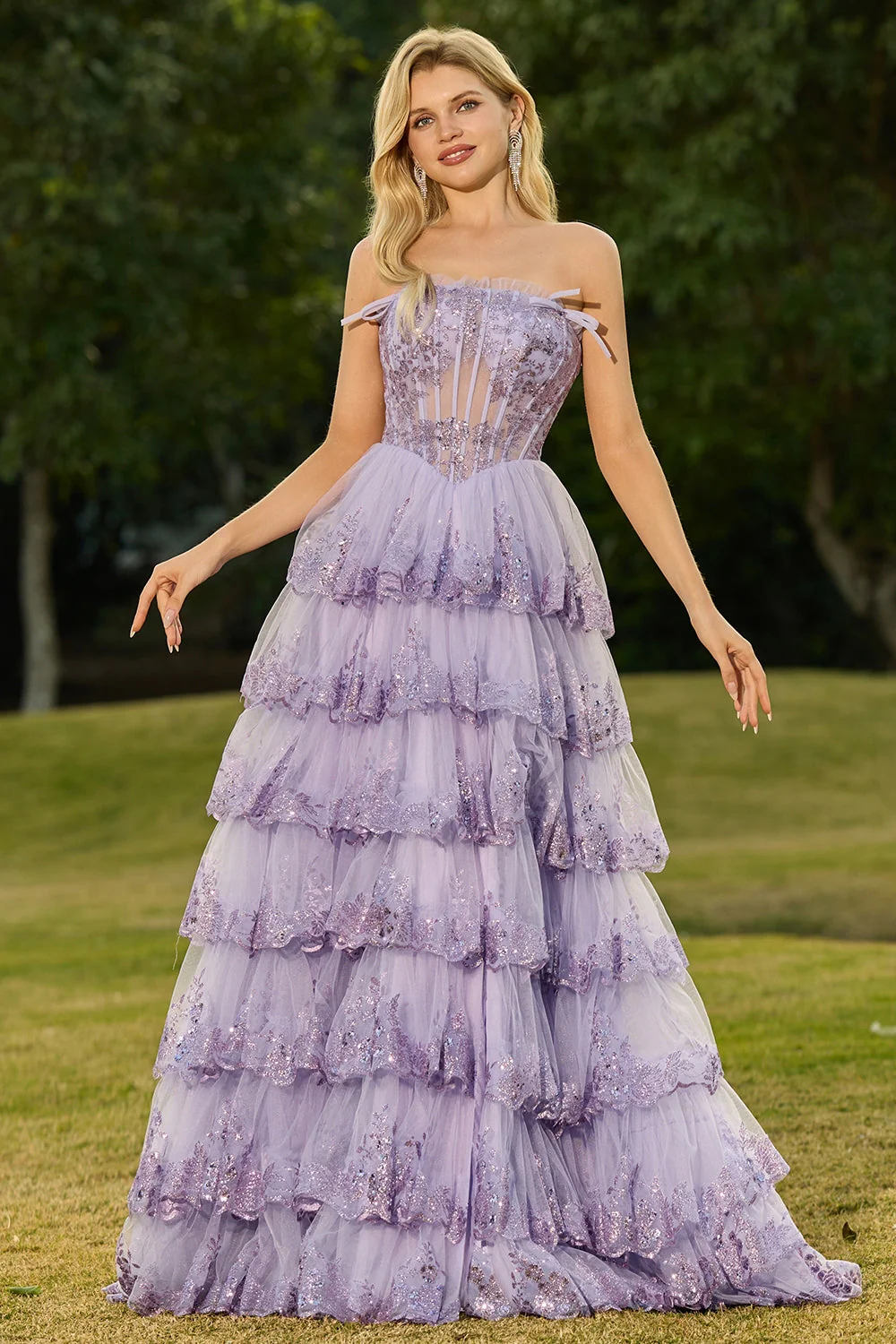Strapless Tiered Ruffle A Line Blush Corset Sequin Long Prom Dress with Slit - Image 11