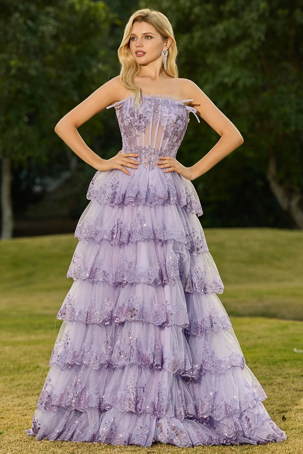 Strapless Tiered Ruffle A Line Blush Corset Sequin Long Prom Dress with Slit - Image 12