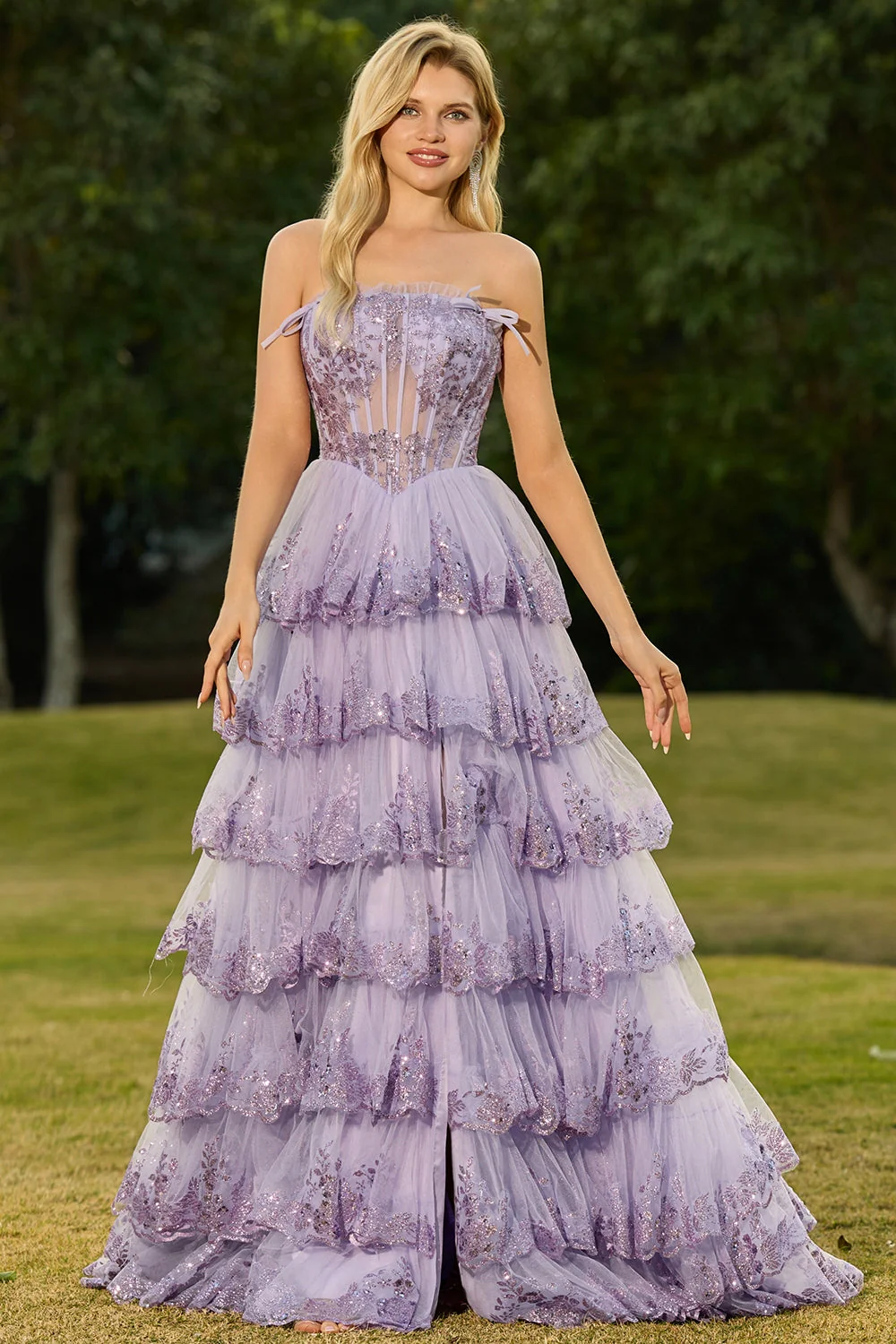 Strapless Tiered Ruffle A Line Blush Corset Sequin Long Prom Dress with Slit - Image 9