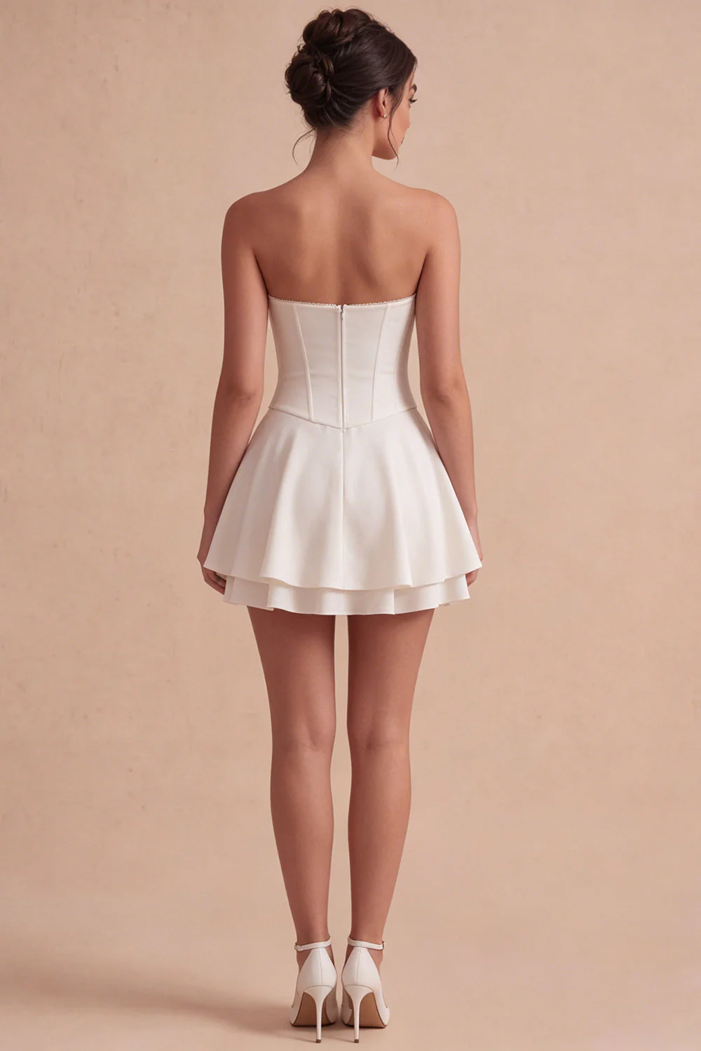 Strapless White A Line Corset Graduation Dress with Ruffles - Image 2