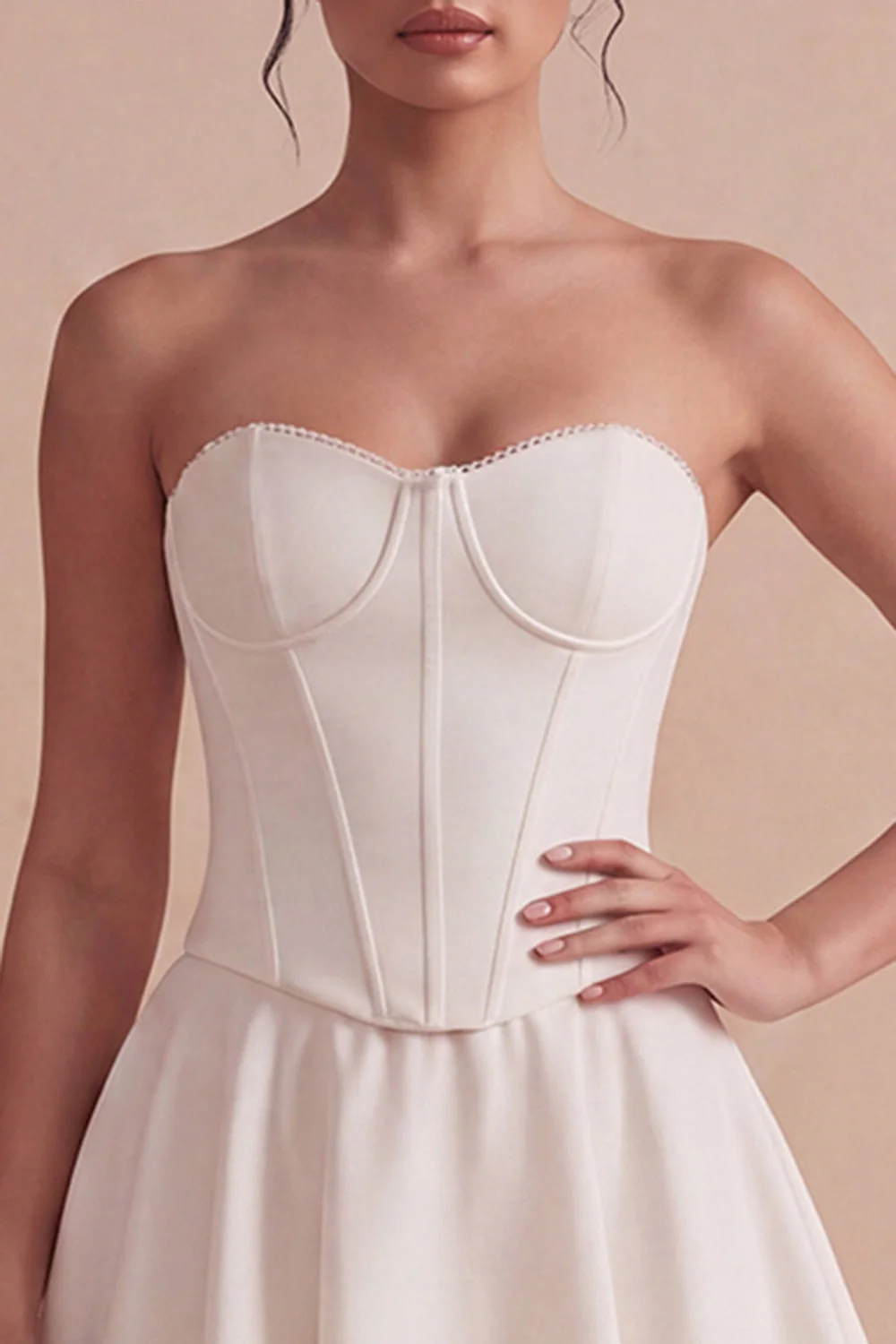 Strapless White A Line Corset Graduation Dress with Ruffles - Image 3
