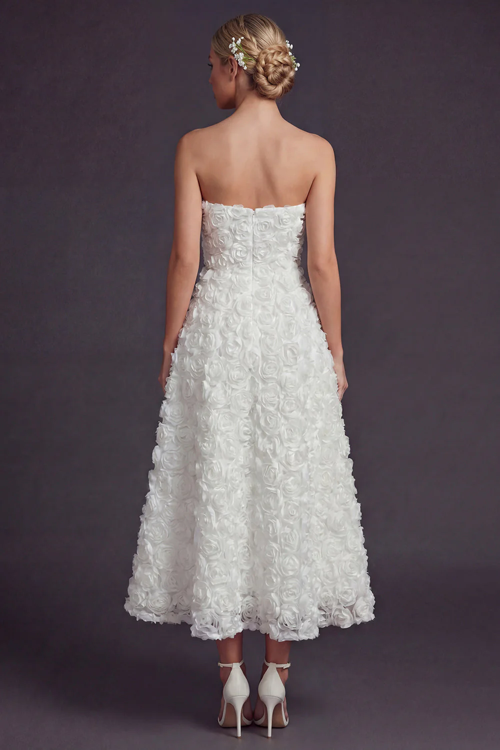 Strapless White A Line Long Wedding Dress with 3D Flowers - Image 2