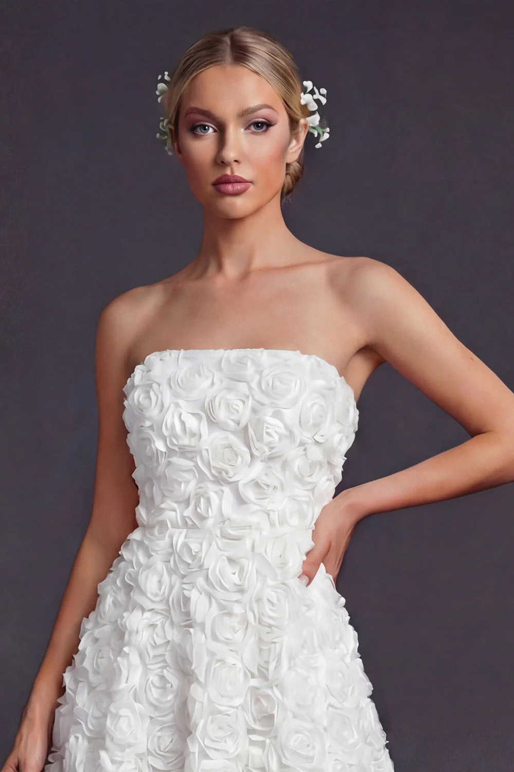 Strapless White A Line Long Wedding Dress with 3D Flowers - Image 3