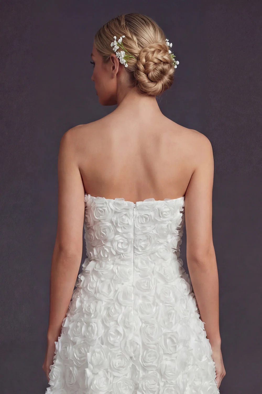 Strapless White A Line Long Wedding Dress with 3D Flowers - Image 4
