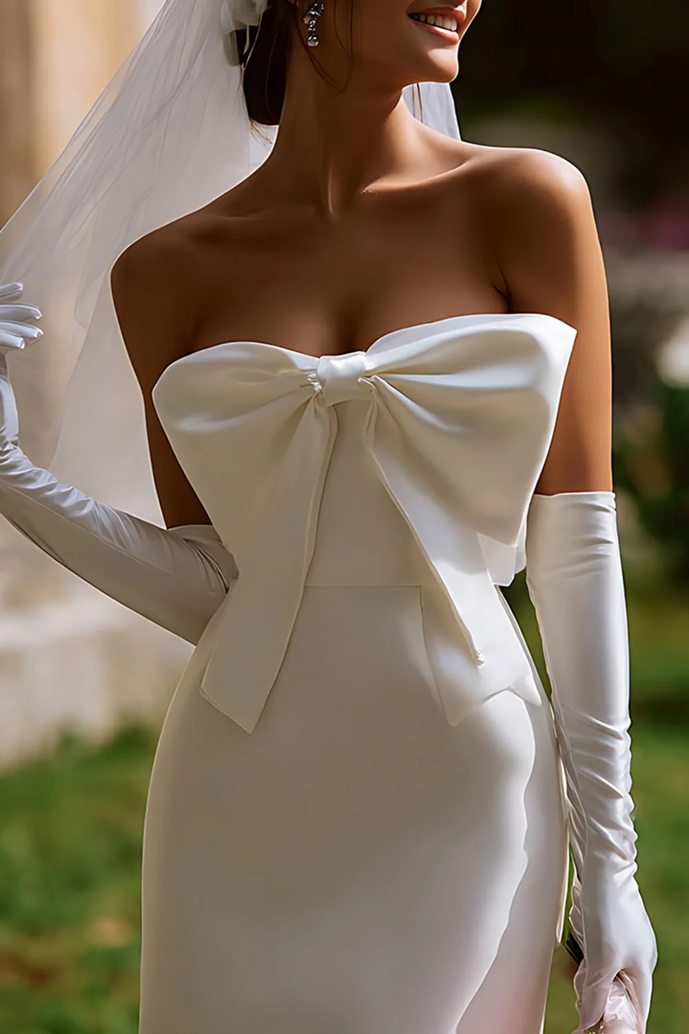 Strapless White Bodycon Short Wedding Dress with Bow（without Gloves） - Image 3