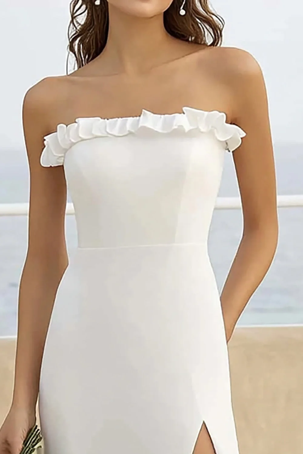 Strapless White Chiffon Ruffled Long Wedding Dress - Image 2