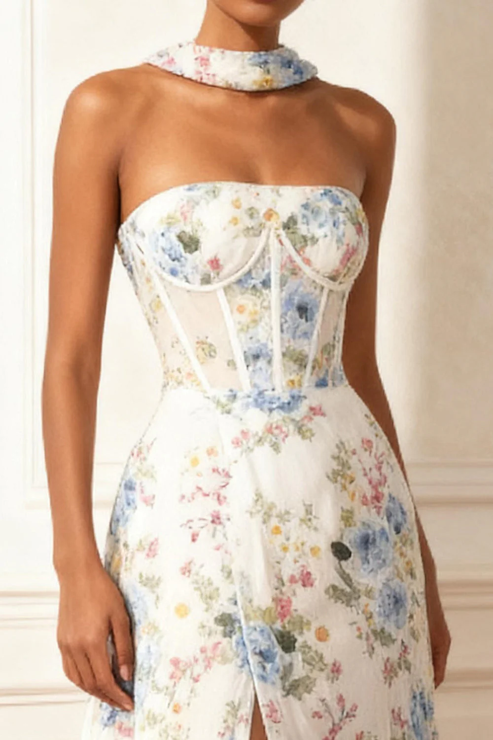 Strapless White Printed Corset Prom Dress With Slit - Image 3