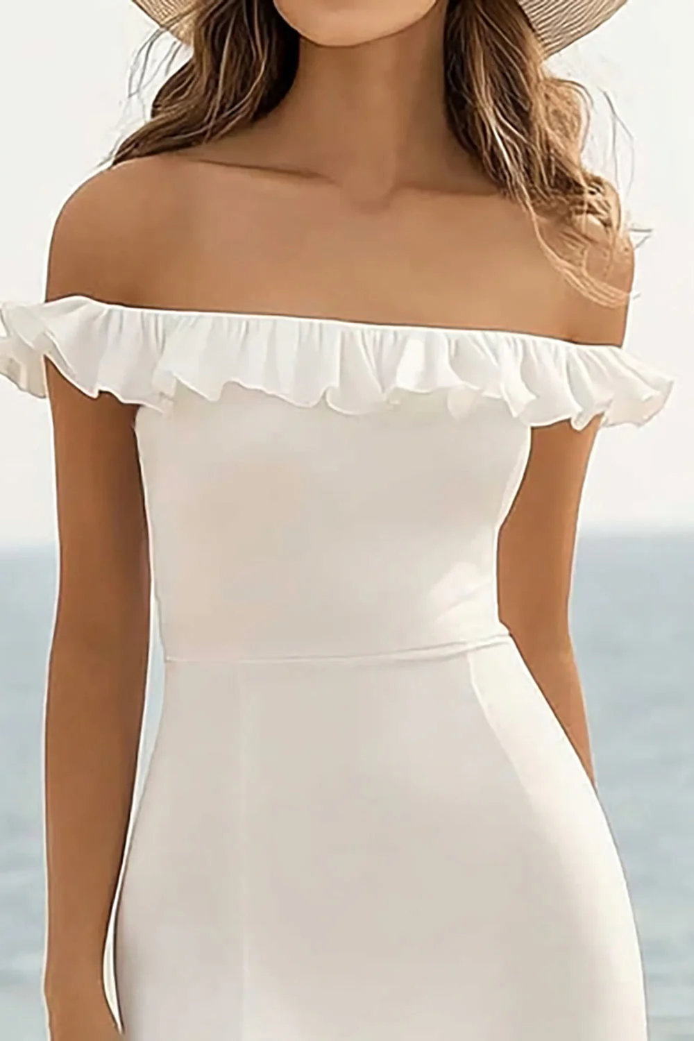 Strapless White Ruffled Midi Graduation Dress with Slit - Image 2