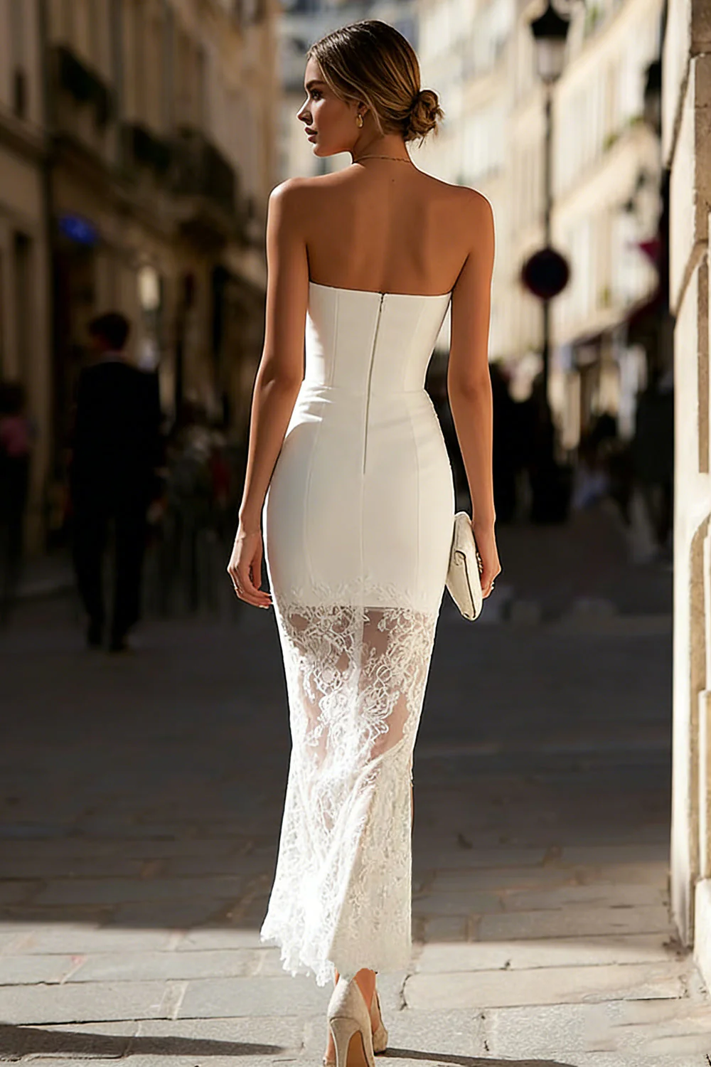 Strapless White Sheath Long Engagement Dress with Lace - Image 2