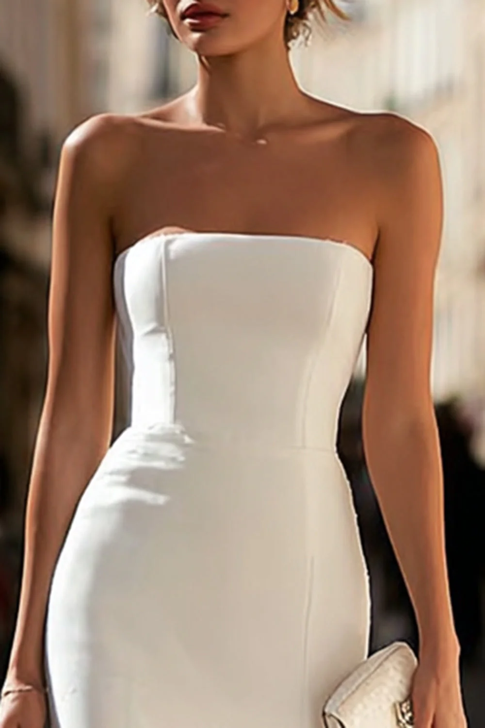 Strapless White Sheath Long Engagement Dress with Lace - Image 3