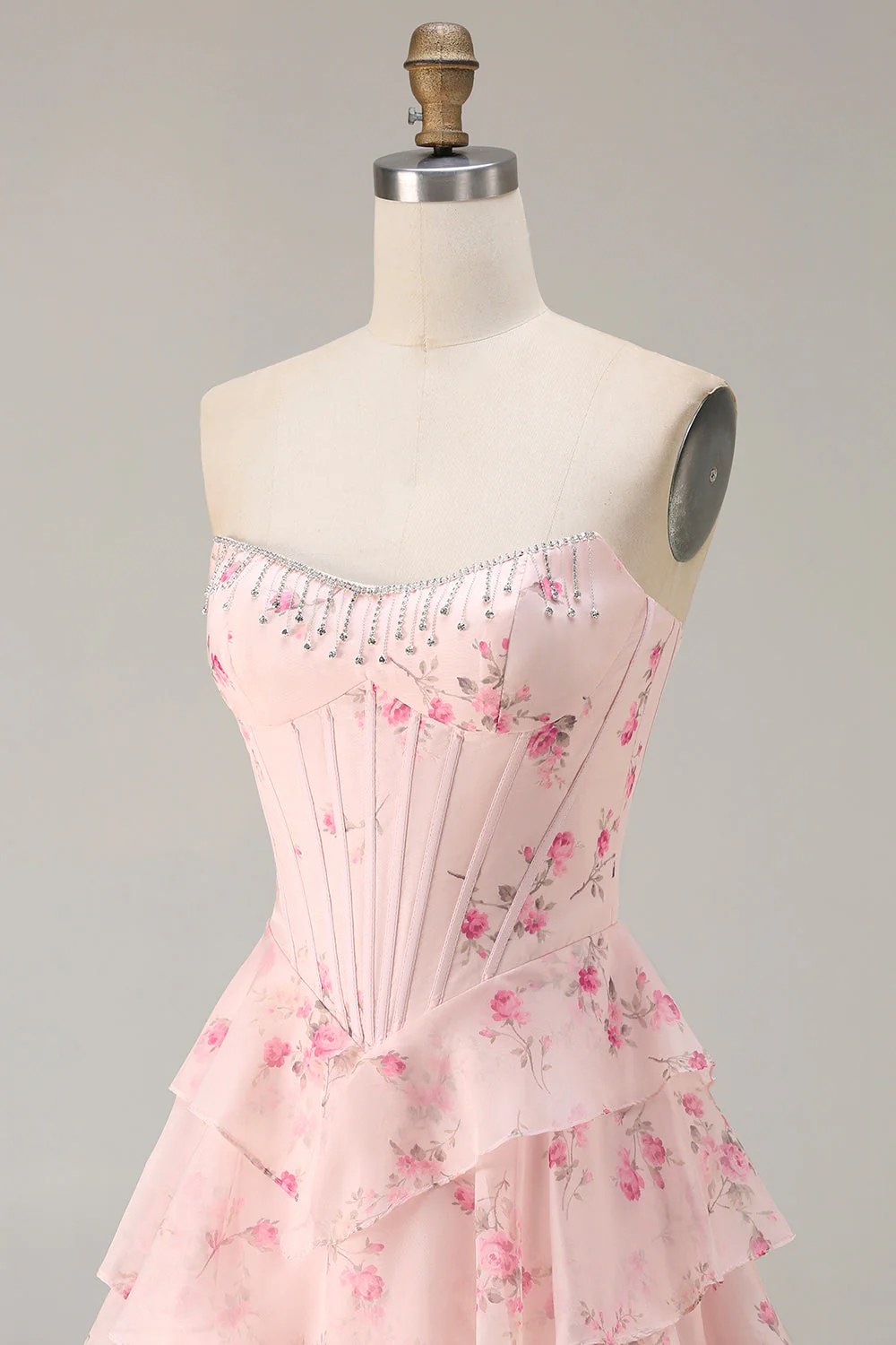 Strapless Yellow Blue Flower A Line Tiered Ruffle Corset Long Prom Dress with Slit - Image 10
