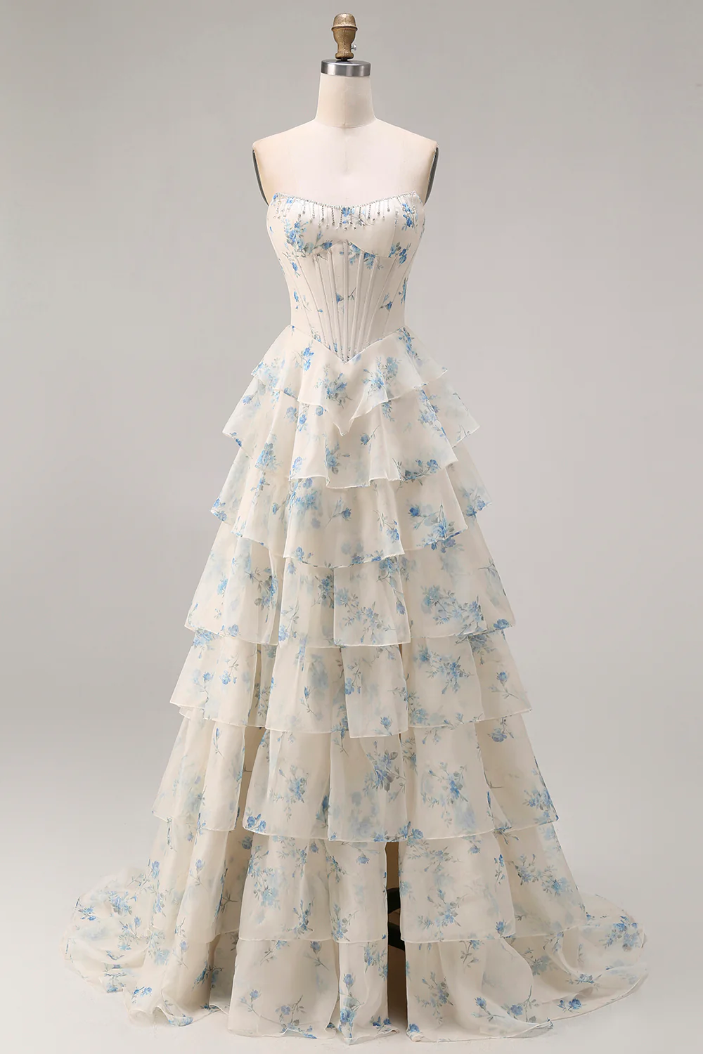 Strapless Yellow Blue Flower A Line Tiered Ruffle Corset Long Prom Dress with Slit - Image 13