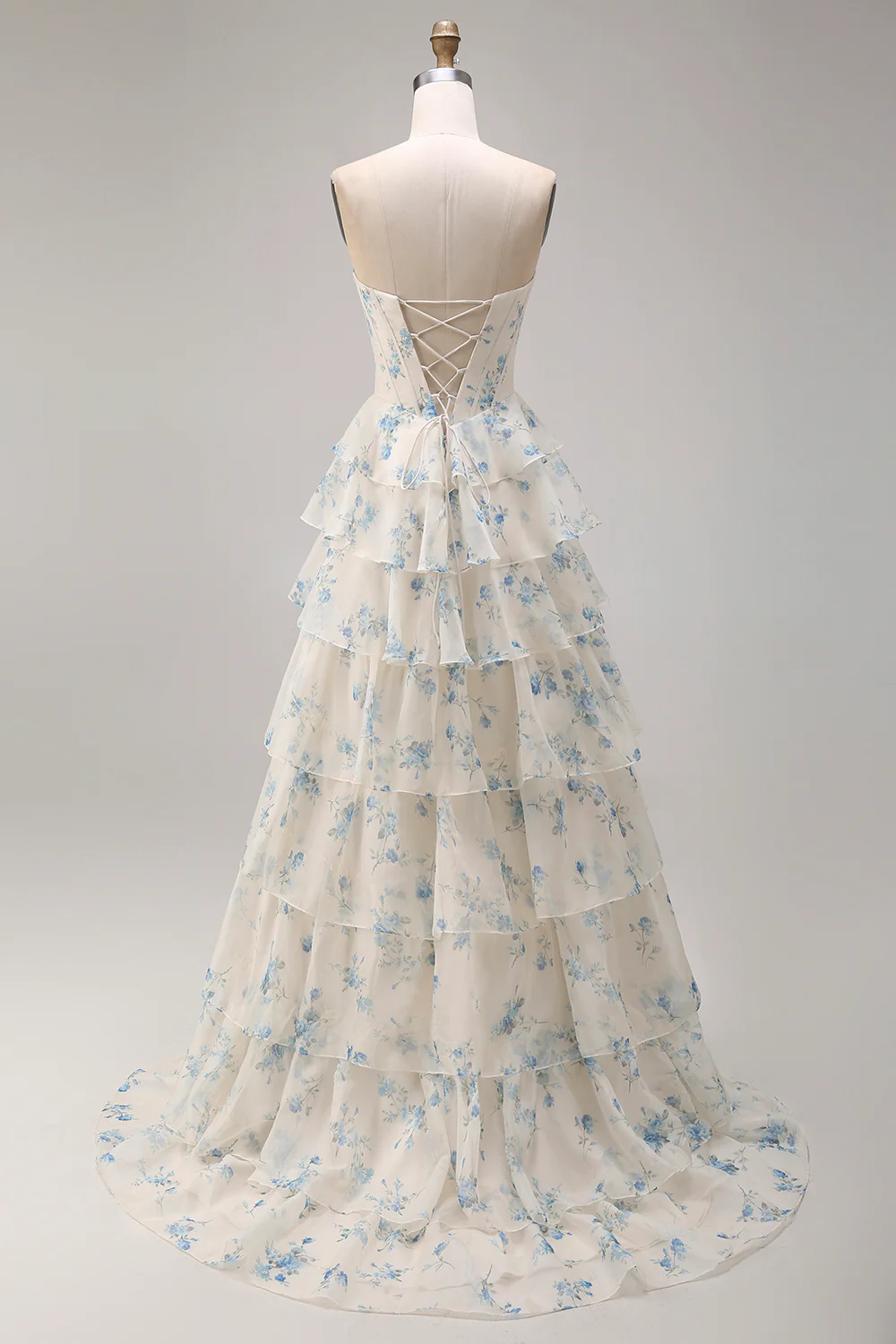 Strapless Yellow Blue Flower A Line Tiered Ruffle Corset Long Prom Dress with Slit - Image 14