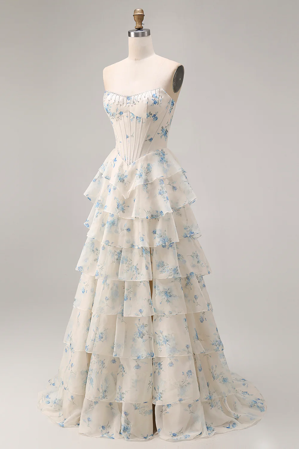 Strapless Yellow Blue Flower A Line Tiered Ruffle Corset Long Prom Dress with Slit - Image 15