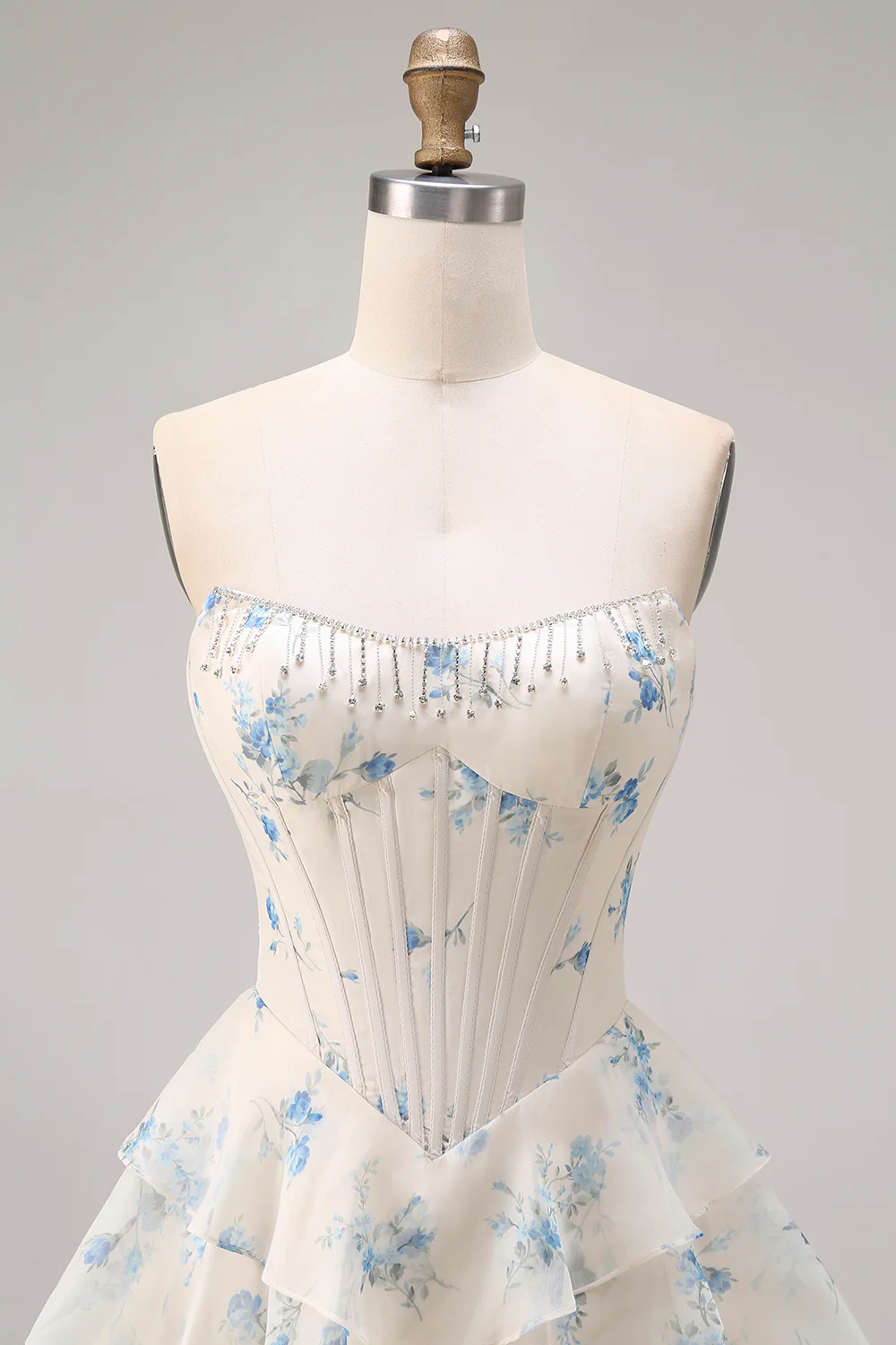 Strapless Yellow Blue Flower A Line Tiered Ruffle Corset Long Prom Dress with Slit - Image 16