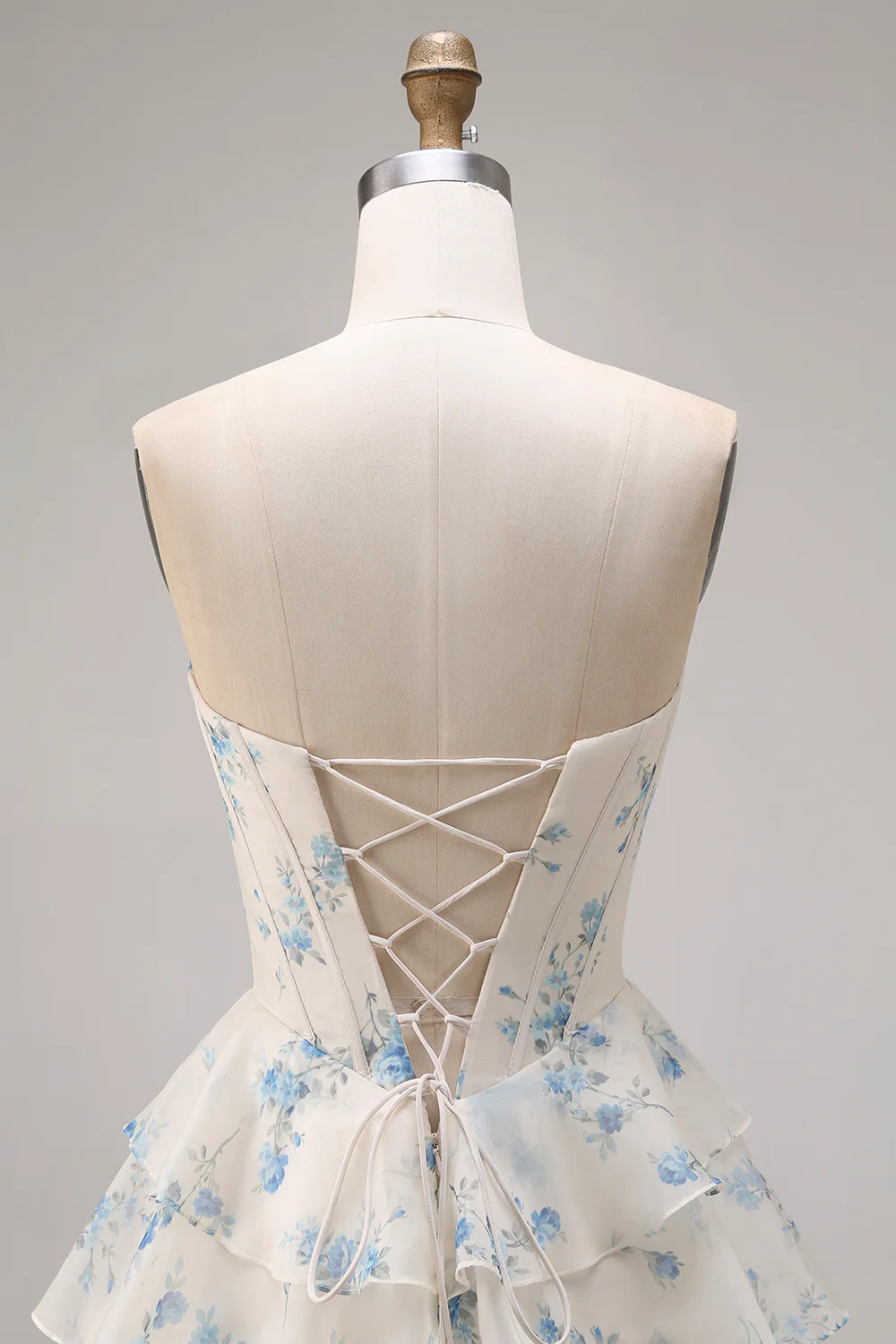 Strapless Yellow Blue Flower A Line Tiered Ruffle Corset Long Prom Dress with Slit - Image 17