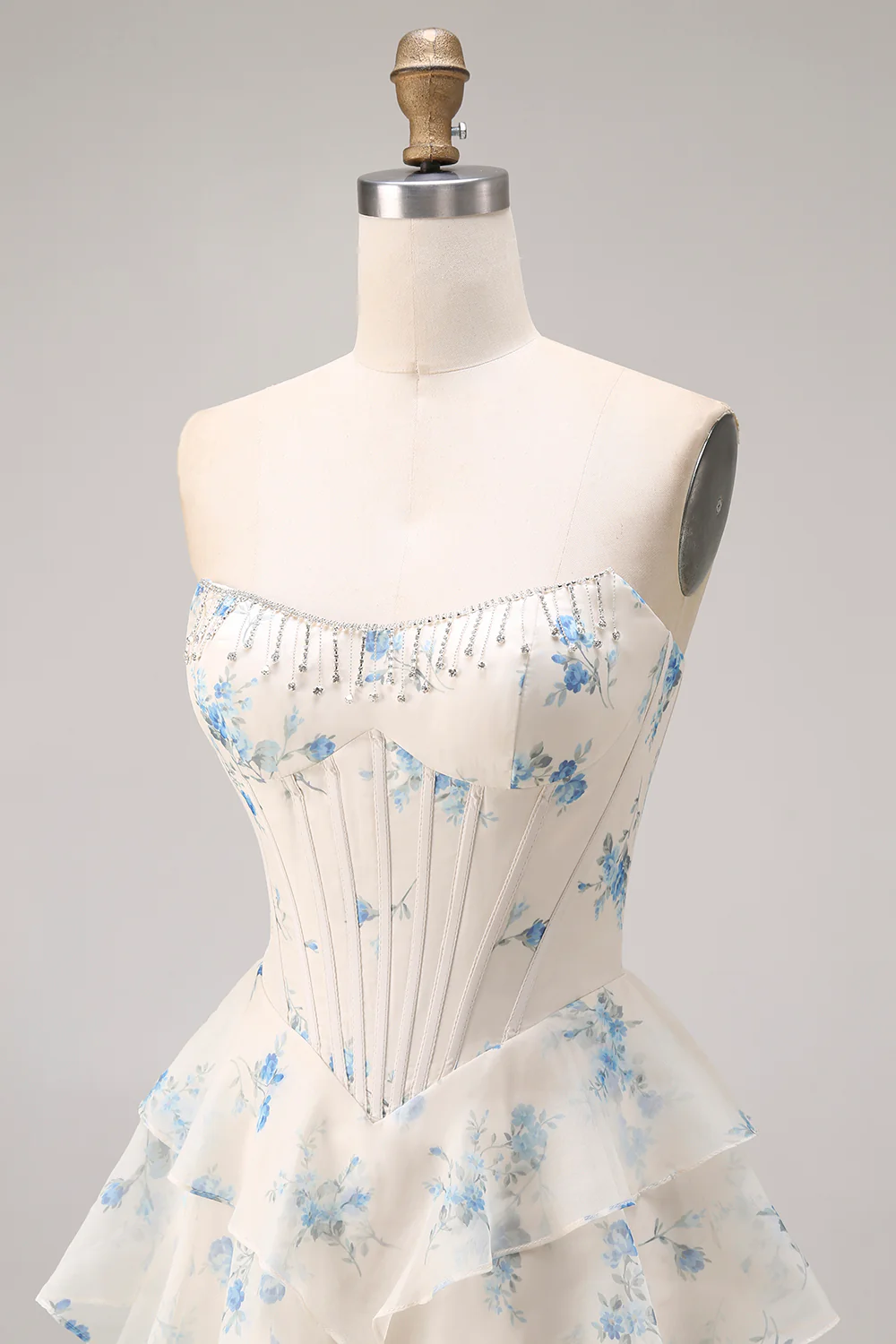 Strapless Yellow Blue Flower A Line Tiered Ruffle Corset Long Prom Dress with Slit - Image 18