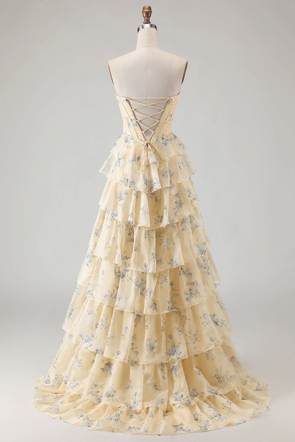 Strapless Yellow Blue Flower A Line Tiered Ruffle Corset Long Prom Dress with Slit - Image 2