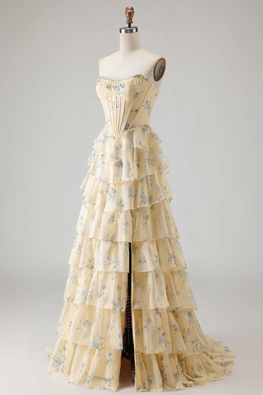 Strapless Yellow Blue Flower A Line Tiered Ruffle Corset Long Prom Dress with Slit - Image 3