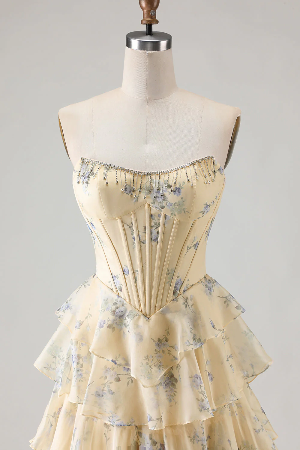 Strapless Yellow Blue Flower A Line Tiered Ruffle Corset Long Prom Dress with Slit - Image 4