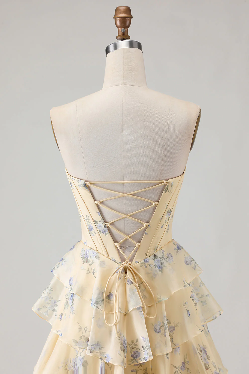 Strapless Yellow Blue Flower A Line Tiered Ruffle Corset Long Prom Dress with Slit - Image 5