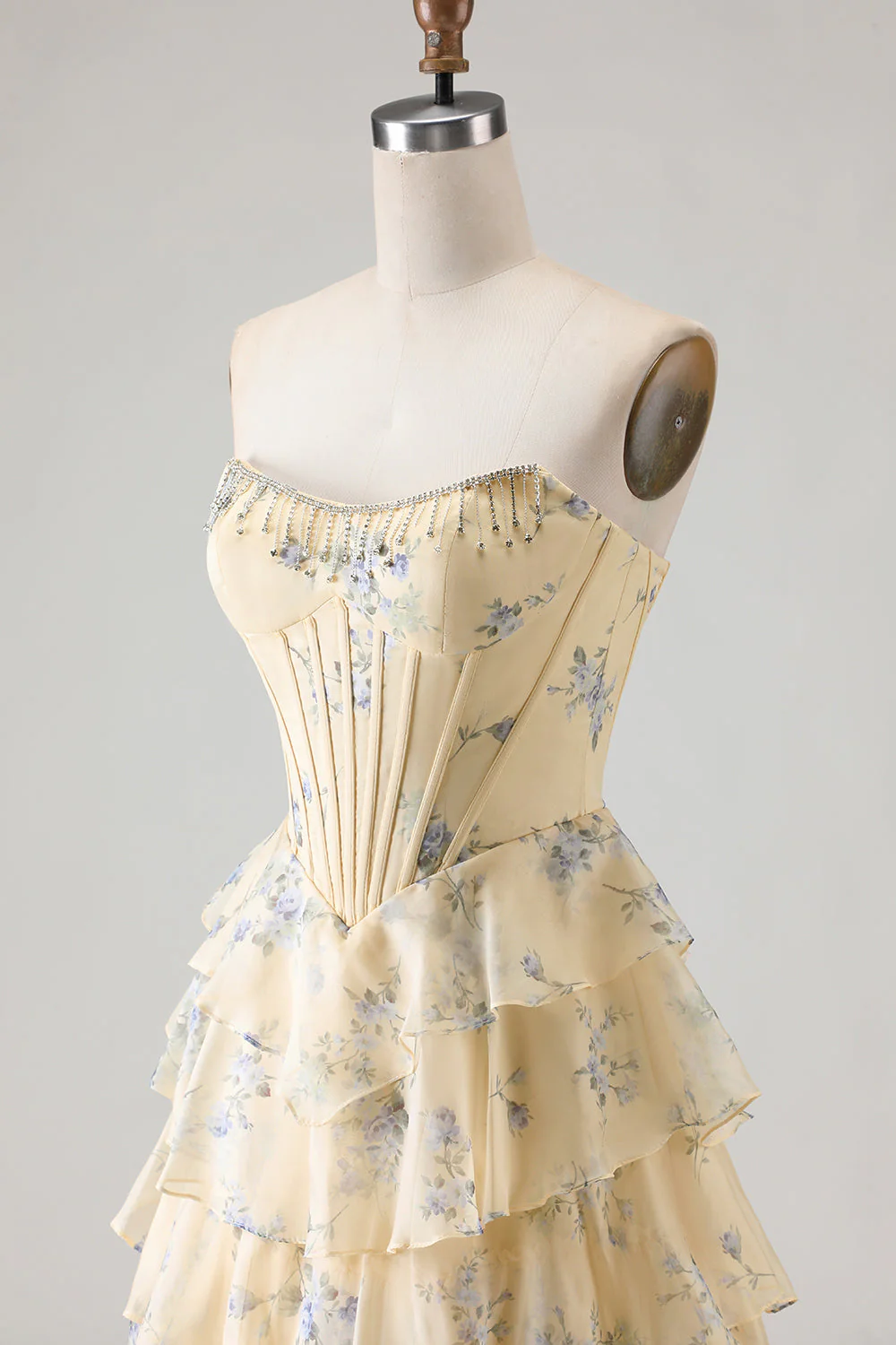 Strapless Yellow Blue Flower A Line Tiered Ruffle Corset Long Prom Dress with Slit - Image 6