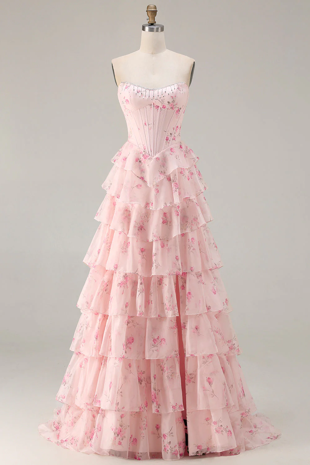 Strapless Yellow Blue Flower A Line Tiered Ruffle Corset Long Prom Dress with Slit - Image 7