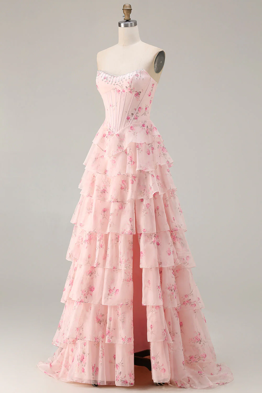 Strapless Yellow Blue Flower A Line Tiered Ruffle Corset Long Prom Dress with Slit - Image 9
