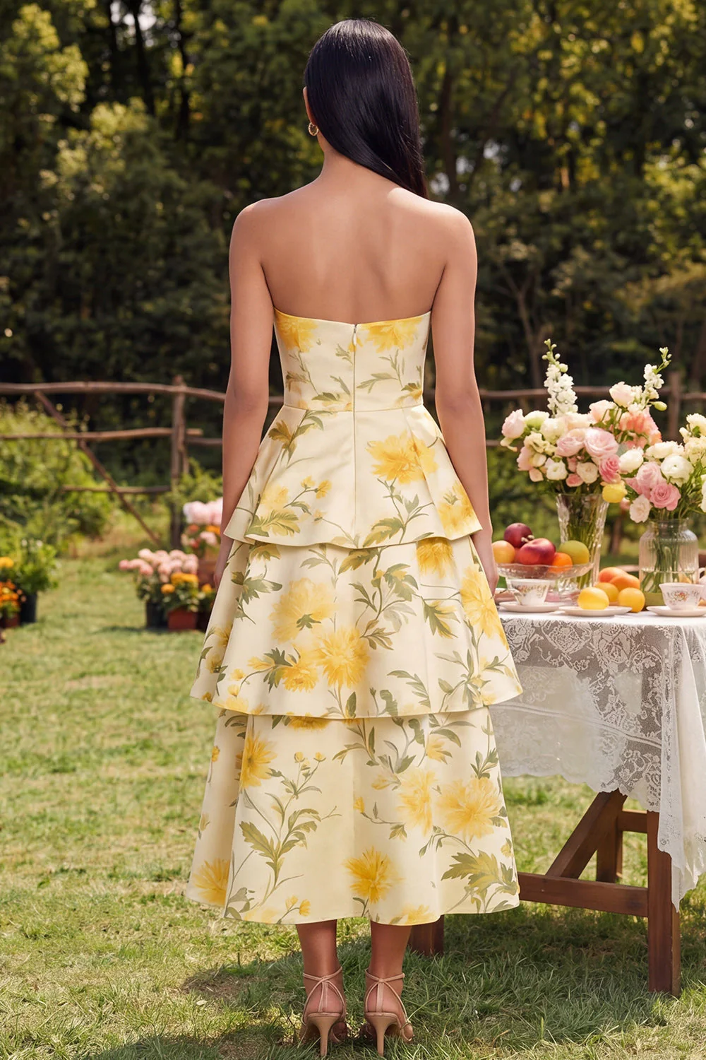 Strapless Yellow A Line Tiered Ruffle Midi Floral Dress - Image 2