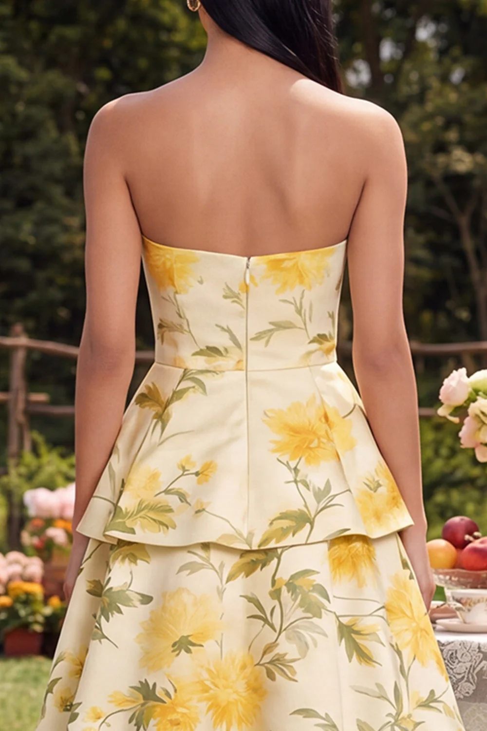Strapless Yellow A Line Tiered Ruffle Midi Floral Dress - Image 4