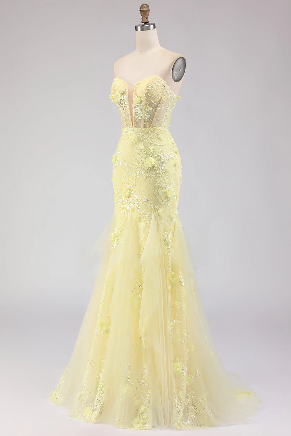 Strapless Yellow Mermaid Lace Corset Long Prom Dress with Beading - Image 3