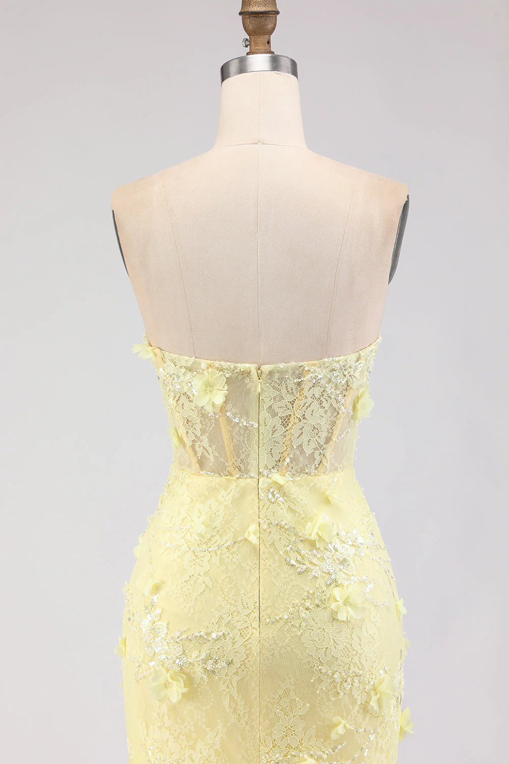 Strapless Yellow Mermaid Lace Corset Long Prom Dress with Beading - Image 5