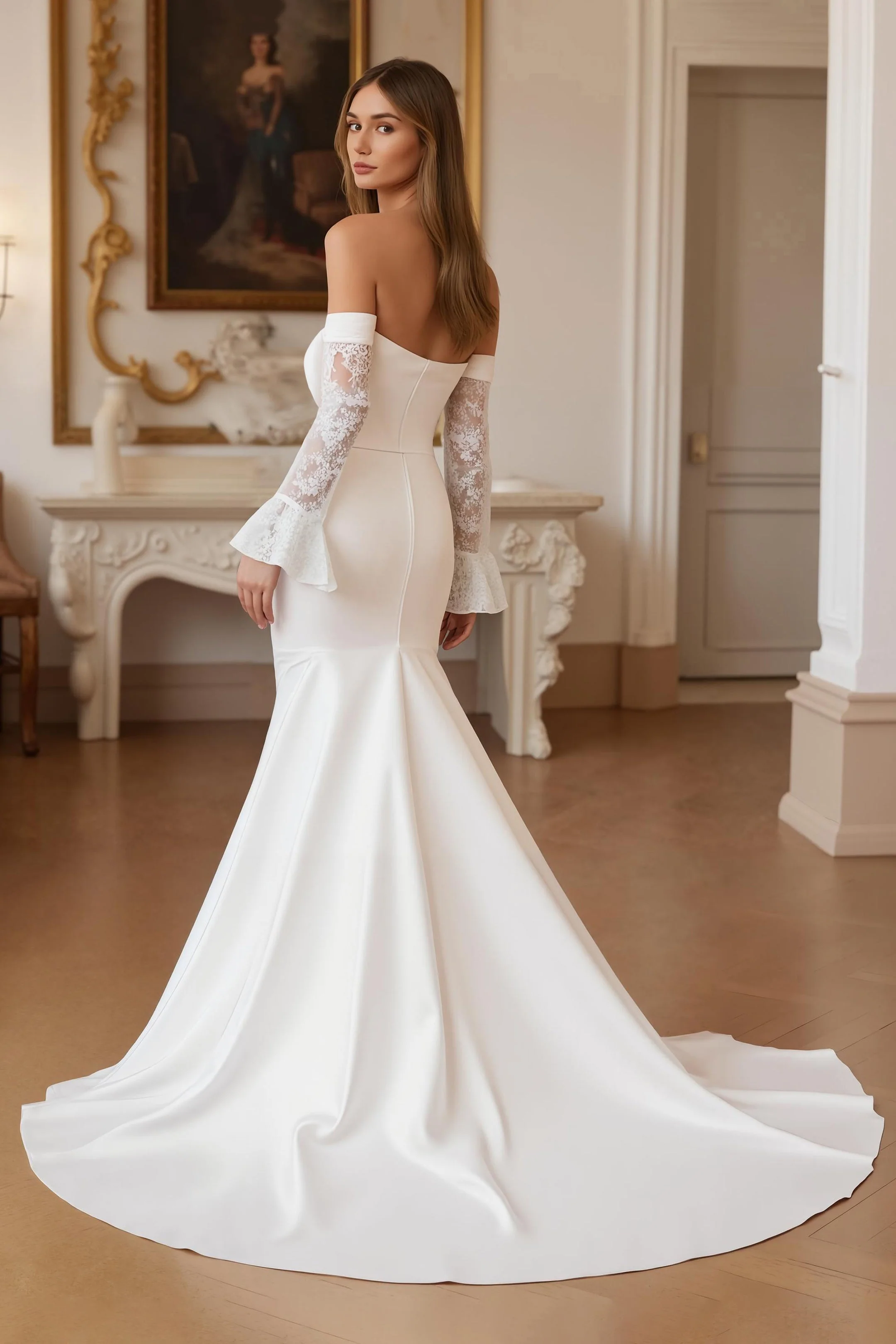 Stretch Satin Ivory Mermaid Off The Shoulder Wedding Dress - Image 2