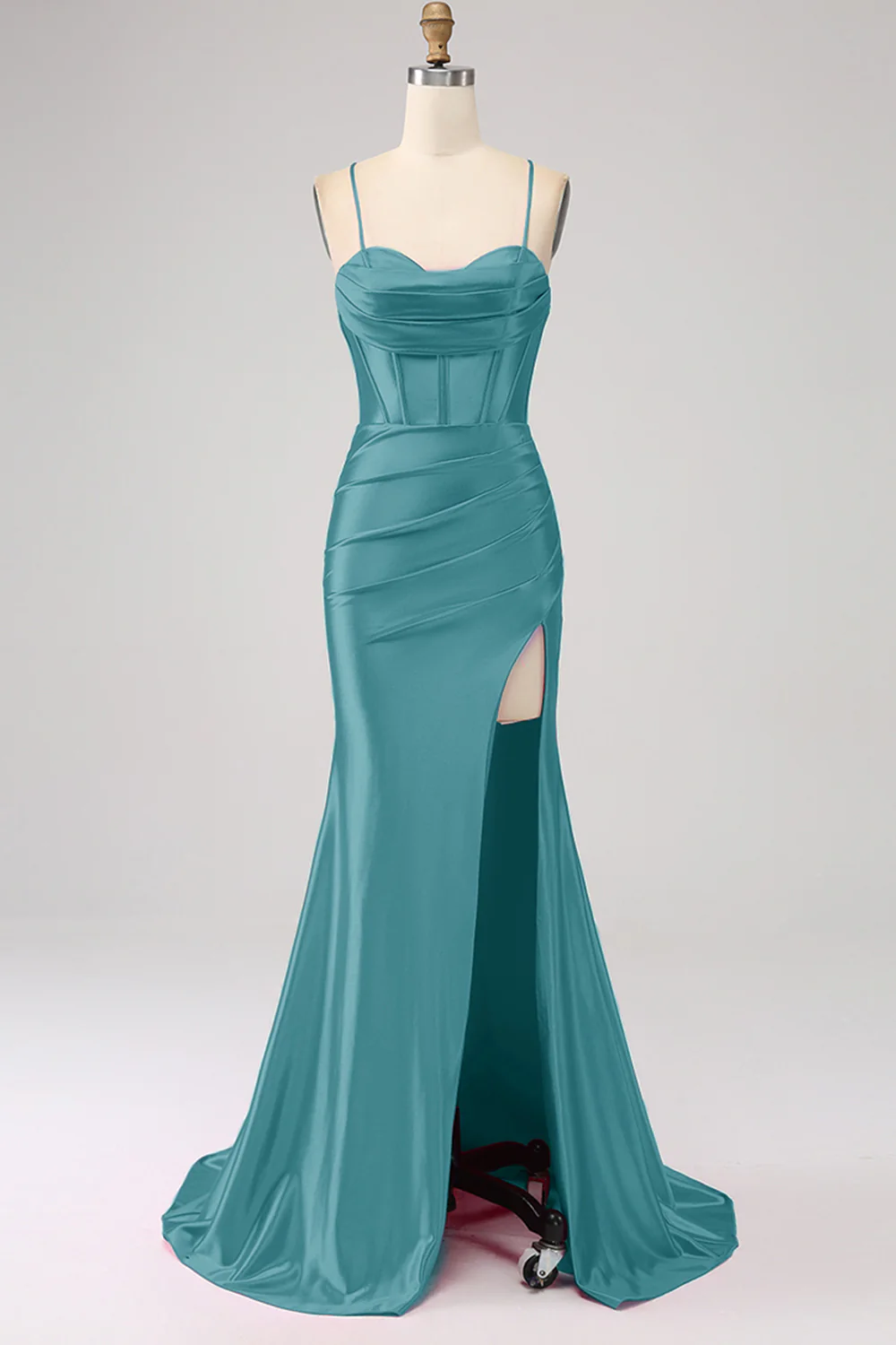 Stunning Mermaid Spaghetti Straps Dark Green Corset Prom Dress with Split Front - Image 13