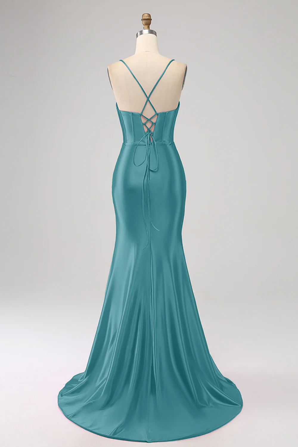 Stunning Mermaid Spaghetti Straps Dark Green Corset Prom Dress with Split Front - Image 14