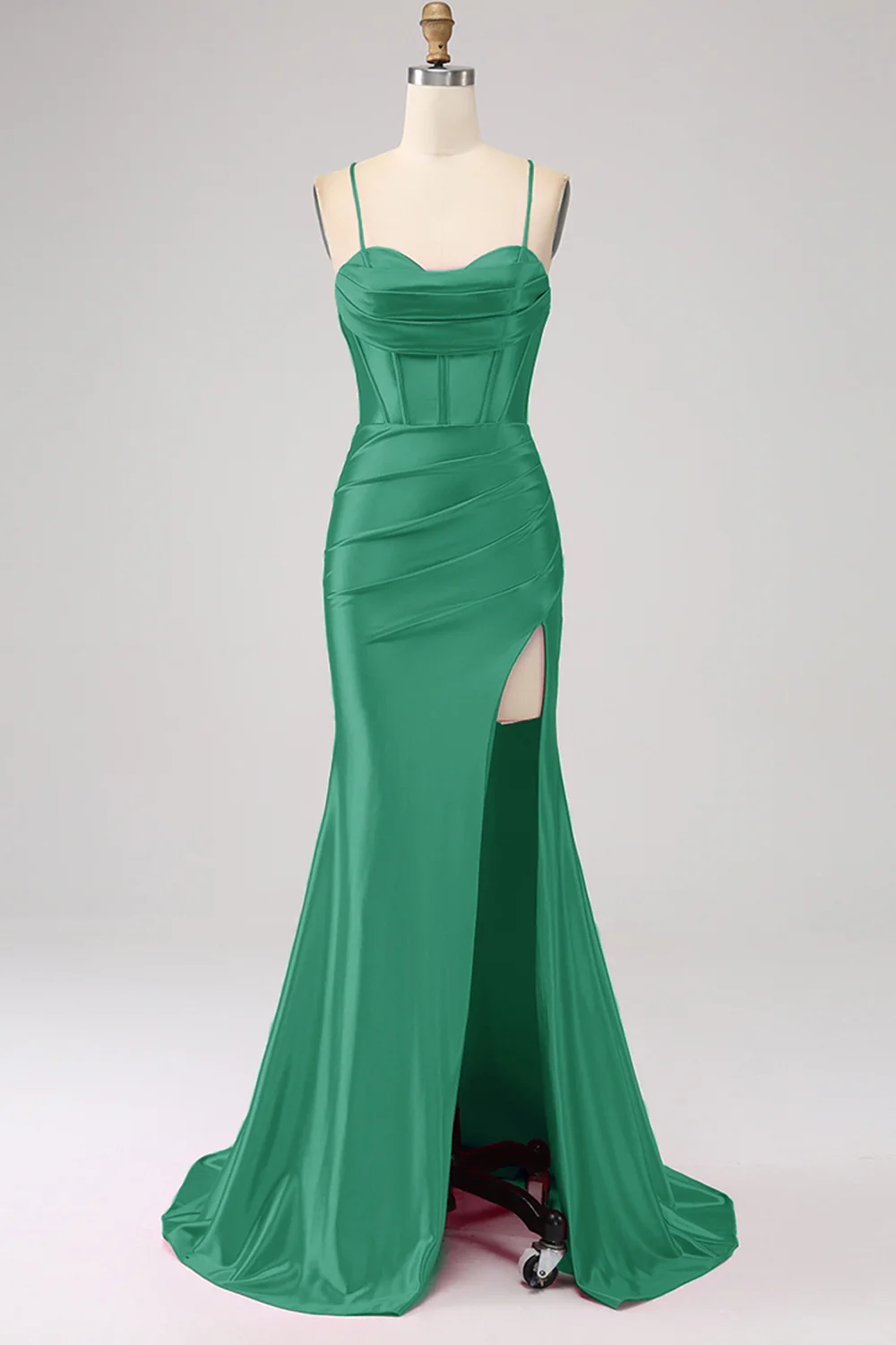 Stunning Mermaid Spaghetti Straps Dark Green Corset Prom Dress with Split Front - Image 17
