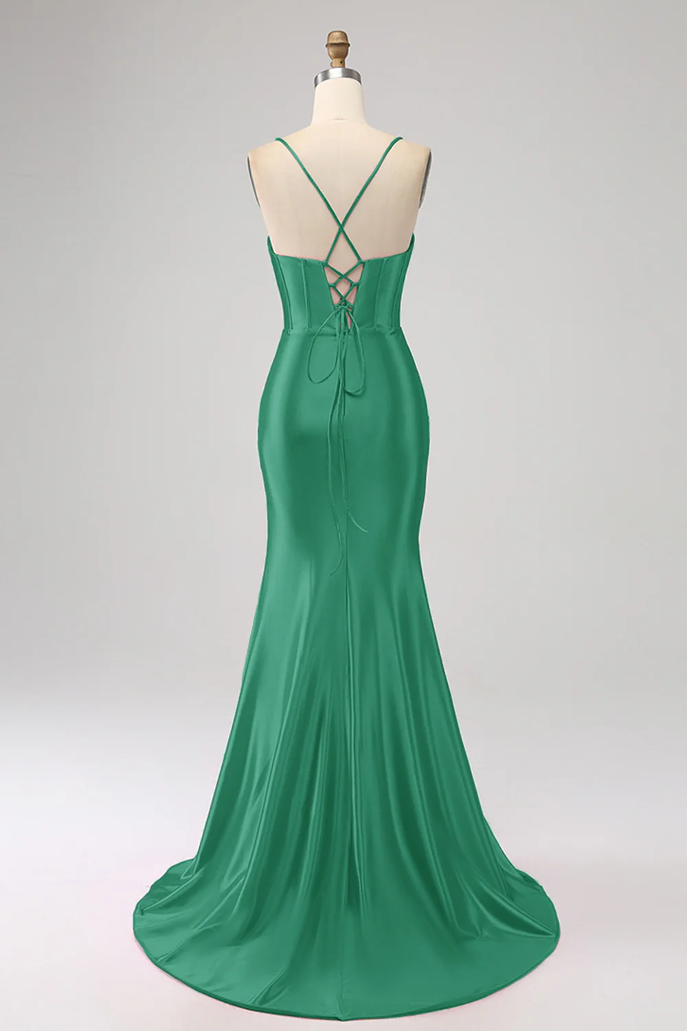 Stunning Mermaid Spaghetti Straps Dark Green Corset Prom Dress with Split Front - Image 18