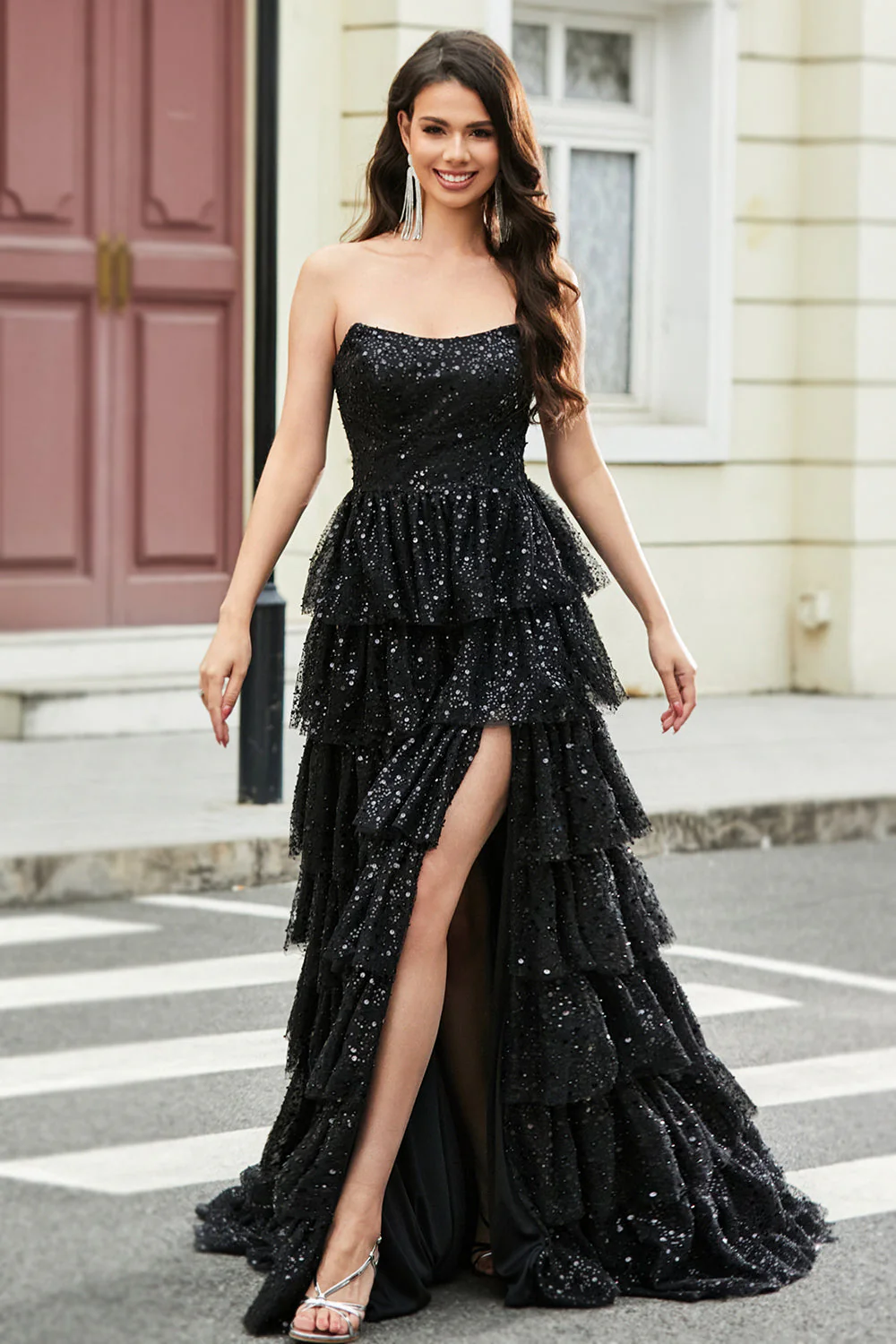Stylish A Line Strapless Black Sequins Long Prom Dress with Ruffles - Image 5